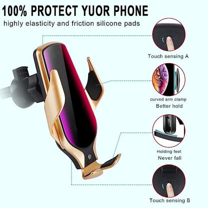 Smart Sensor Wireless Car Charger Mount, Automatic Clamping QC/QI 10W Fast Charging Compatible with Android & iPhone (Gold)