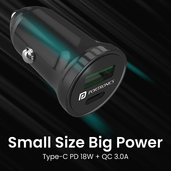 Portronics CarPower Mini Car Charger with Dual Output, Fast Charging (Type C PD 18W + Mach 3.0A) Compatible with All Smartphones (Black)