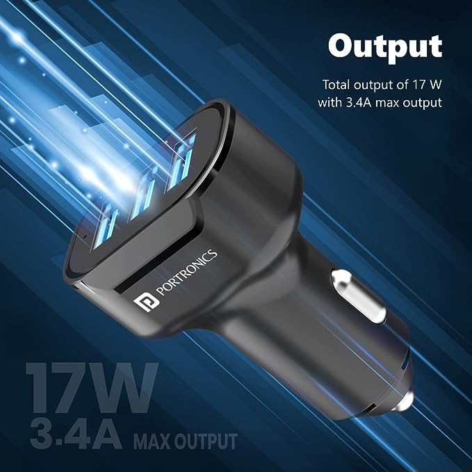 Portronics Car Power 11 Car Charger 17W with Triple USB Port, 3.4A Total Output, Compatible with Most Cars (Black)