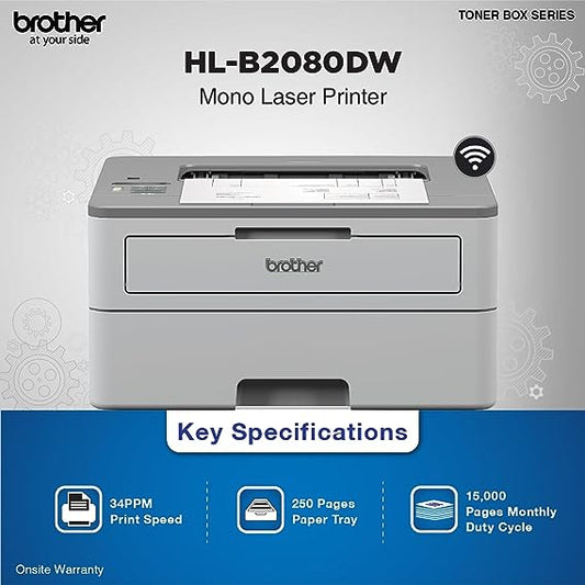 Brother HL-B2080DW Mono Laser Printer with Auto Duplex & Wi-Fi Printing (Toner Box Technology)