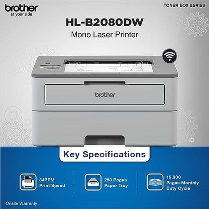 Brother HL-B2080DW Mono Laser Printer with Auto Duplex & Wi-Fi Printing (Toner Box Technology)