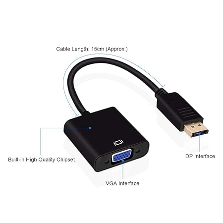 DisplayPort (DP) to VGA Adapter, Gold-Plated Display Port to VGA Adapter (Male to Female)