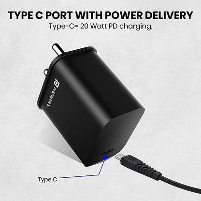 Portronics Adapto 20C Type C 20w Adapter for iPhone With PD 3.0 USB-C 20 Watt Fast Charger (Black)
