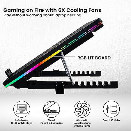 Portronics My Buddy Air Cooling Pad Laptop Stand with 6 Cooling Fans, RGB Lights, 7 Adjustable Heights, Mobile Stand for Upto 43.18cm (17 Inches) Laptop, Black