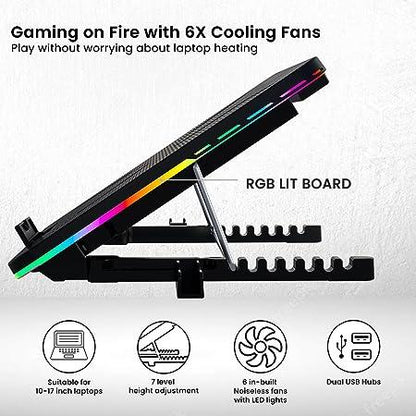 Portronics My Buddy Air Cooling Pad Laptop Stand with 6 Cooling Fans, RGB Lights, 7 Adjustable Heights, Mobile Stand for Upto 43.18cm (17 Inches) Laptop, Black