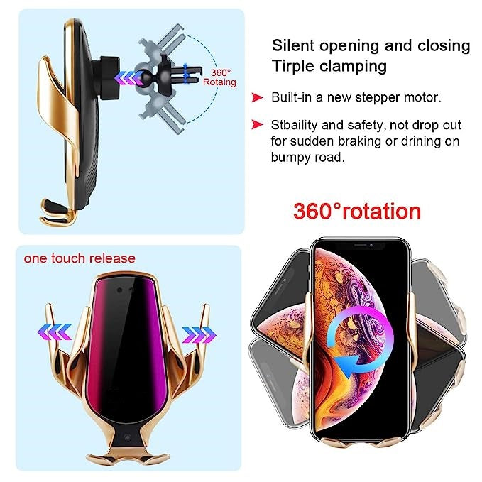 Smart Sensor Wireless Car Charger Mount, Automatic Clamping QC/QI 10W Fast Charging Compatible with Android & iPhone (Gold)