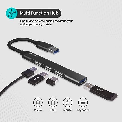 Portronics Mport 31 USB Hub (4-in-1) Multiport Adapter with 1 x USB 3.0 & 3 x USB 2.0 Ports, (Grey)