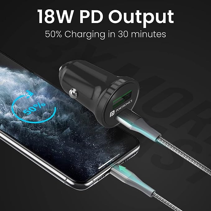 Portronics CarPower Mini Car Charger with Dual Output, Fast Charging (Type C PD 18W + Mach 3.0A) Compatible with All Smartphones (Black)
