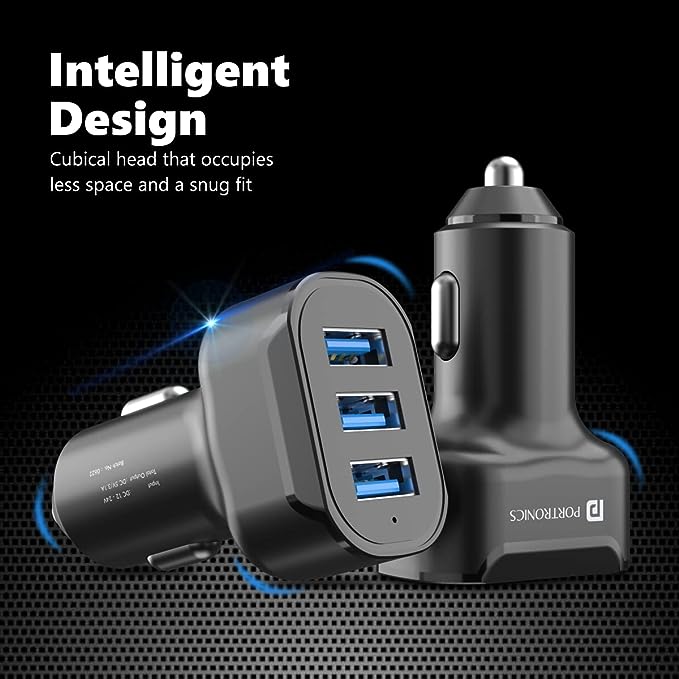 Portronics Car Power 11 Car Charger 17W with Triple USB Port, 3.4A Total Output, Compatible with Most Cars (Black)