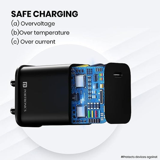 Portronics Adapto 20C Type C 20w Adapter for iPhone With PD 3.0 USB-C 20 Watt Fast Charger (Black)