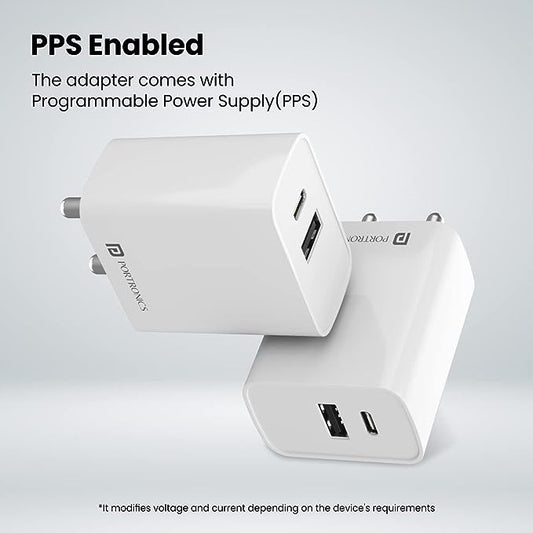Portronics Adapto 70 33W Adapter, Supports PPS Charging Via Type C & Fast Charging Compatible with iPhone, Android (White)
