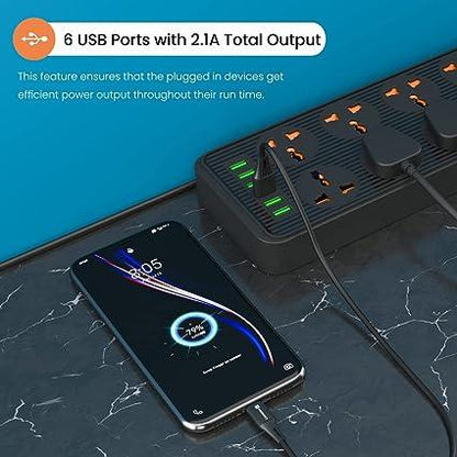 Portronics Power Plate 7 with 6 USB Port + 8 Power Sockets Extension Board Multi Plug with 2500W,2.1A USB Output 3M(Black)