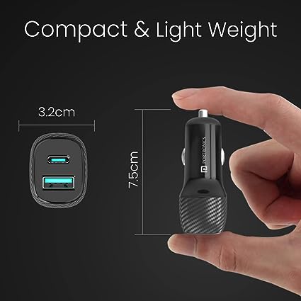 Portronics Car Power 6 Car Charger with Dual USB Port for Cellular Phones (PD+QC) 38W (Black)