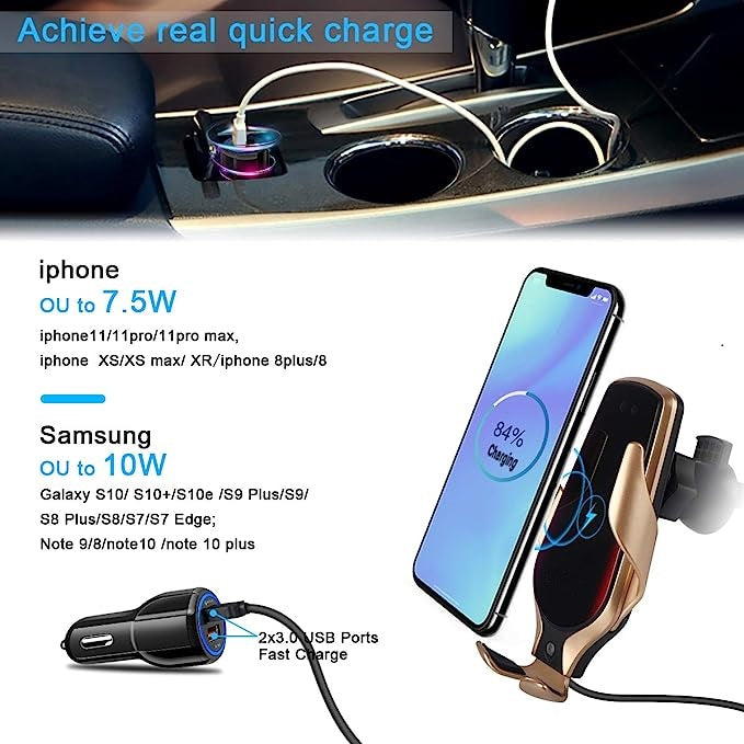 Smart Sensor Wireless Car Charger Mount, Automatic Clamping QC/QI 10W Fast Charging Compatible with Android & iPhone (Gold)