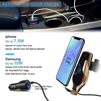 Smart Sensor Wireless Car Charger Mount, Automatic Clamping QC/QI 10W Fast Charging Compatible with Android & iPhone (Gold)