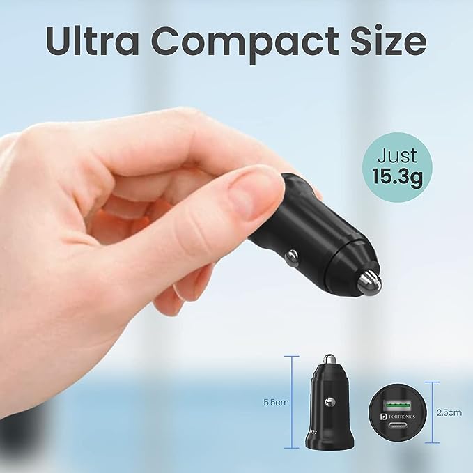 Portronics CarPower Mini Car Charger with Dual Output, Fast Charging (Type C PD 18W + Mach 3.0A) Compatible with All Smartphones (Black)