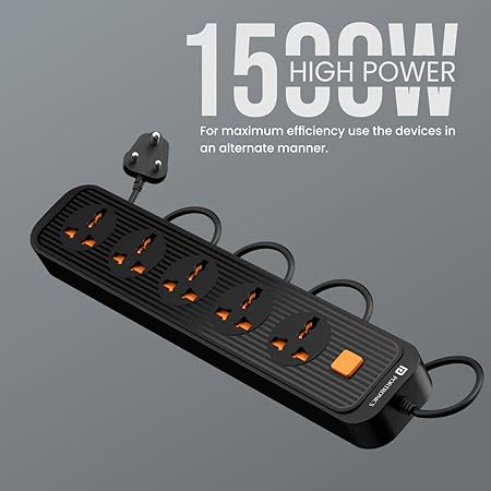 Portronics Power Plate 13 Multiplug Extension Board with 5 Power Sockets, 1500W, 2M Cord Length, Fire Proof Material, Short Circuit Protection (Black)
