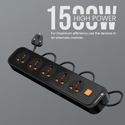 Portronics Power Plate 13 Multiplug Extension Board with 5 Power Sockets, 1500W, 2M Cord Length, Fire Proof Material, Short Circuit Protection (Black)