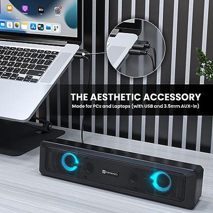 Portronics in Tune 3 6W Portable USB Wired Soundbar with Multicolor LED Light Speaker for PC, Desktop and Laptop, 3.5mm Audio Jack (Black)