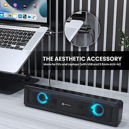 Portronics in Tune 3 6W Portable USB Wired Soundbar with Multicolor LED Light Speaker for PC, Desktop and Laptop, 3.5mm Audio Jack (Black)