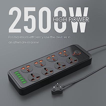 Portronics Power Plate 7 with 6 USB Port + 8 Power Sockets Extension Board Multi Plug with 2500W,2.1A USB Output 3M(Black)