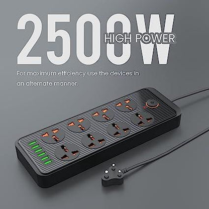 Portronics Power Plate 7 with 6 USB Port + 8 Power Sockets Extension Board Multi Plug with 2500W,2.1A USB Output 3M(Black)