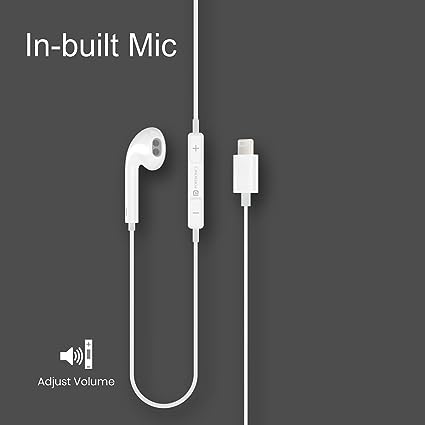 Portronics Conch 40 in-Ear Wired Earphone with 8-Pin Charging Port, Powerful Audio, Built-in Microphone (White)