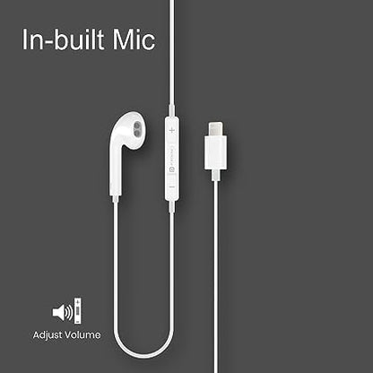 Portronics Conch 40 in-Ear Wired Earphone with 8-Pin Charging Port, Powerful Audio, Built-in Microphone (White)