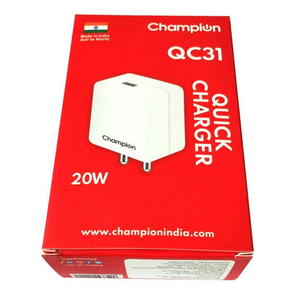 Champion 20W Quick Charging Wall Adapter - High-Speed Charger for iPhone, Android, and USB-C Devices (White)