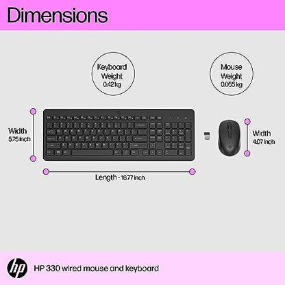 HP 330 Wireless Black Keyboard and Mouse Set with Numeric Keypad, 2.4GHz Wireless Connection and 1600 DPI, USB Receiver, LED Indicators (Black)