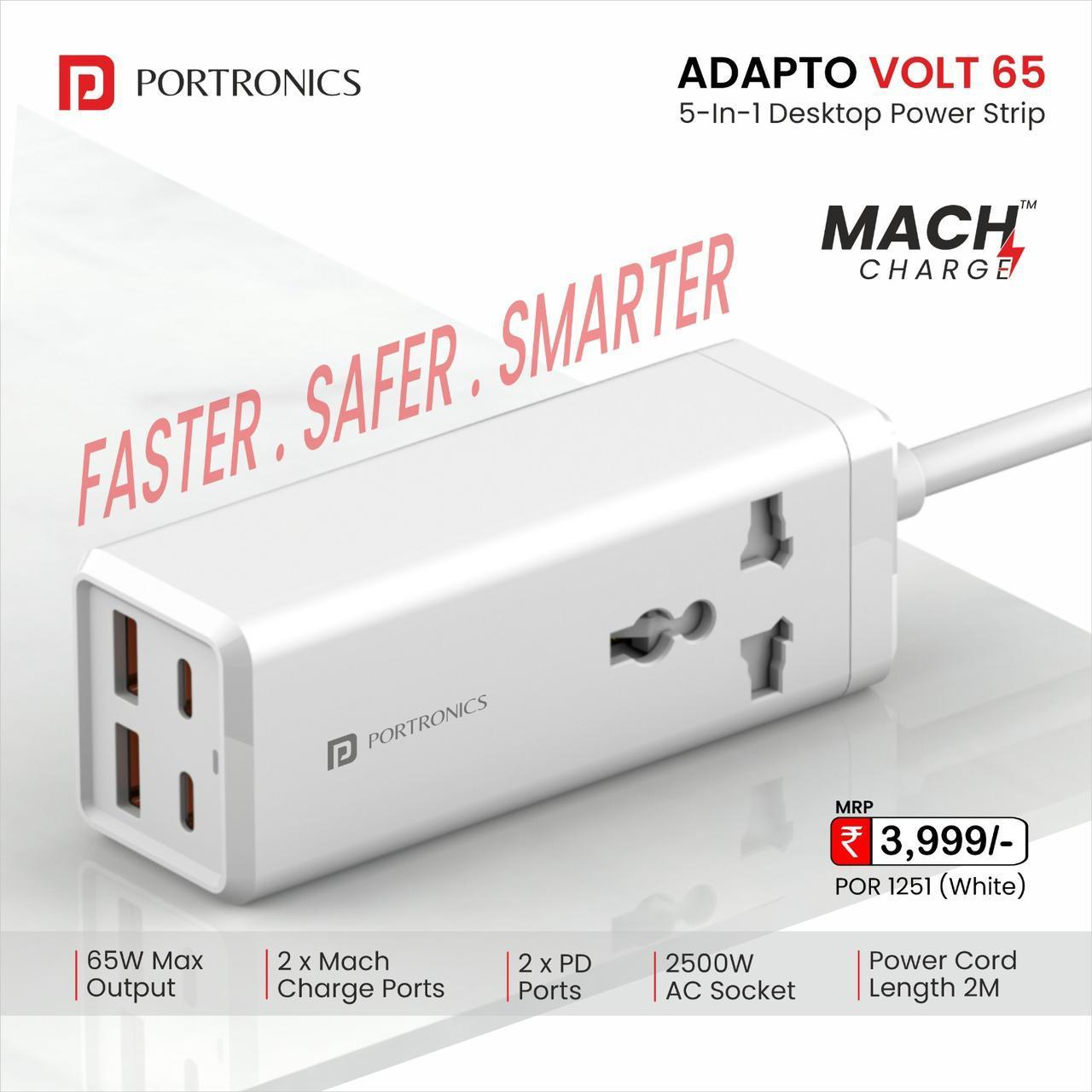 Portronics ADAPTO VOLT 65 - 65Watt Maximum Output 5-In-1 Compact Power Strip with PD*2+Mach*2+2500W AC*1 Ports & 2m Power Cord (White)