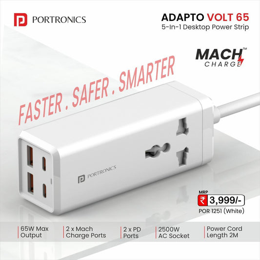Portronics ADAPTO VOLT 65 - 65Watt Maximum Output 5-In-1 Compact Power Strip with PD*2+Mach*2+2500W AC*1 Ports & 2m Power Cord (White)