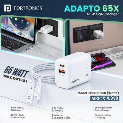 Portronics Adapto 65X 65W GaN PD Fast Charger | Dual Ports, 100W Type-C to Type-C Cable, Compatible with Laptop, MacBook, iPhone 8+, Tablet (White)