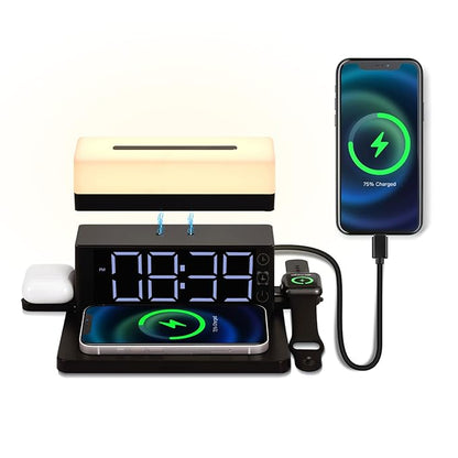 Wireless Charging Station with LED Night Light & Digital Alarm Clock | 18W Fast Wireless Charger