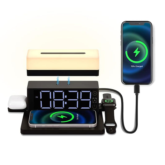 Wireless Charging Station with LED Night Light & Digital Alarm Clock | 18W Fast Wireless Charger