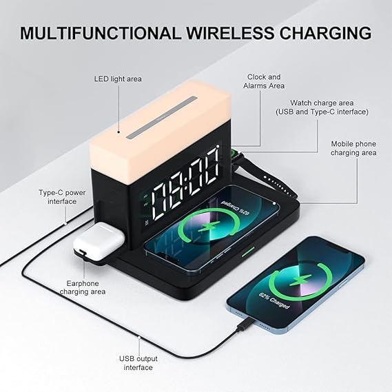 Wireless Charging Station with LED Night Light & Digital Alarm Clock | 18W Fast Wireless Charger