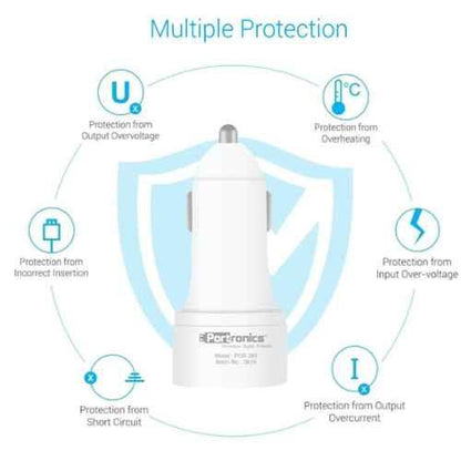Portronics CarPower 3T 3.4A Car Charger with Three USB Port, 1M USB Cable, White