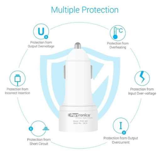 Portronics CarPower 3T 3.4A Car Charger with Three USB Port, 1M USB Cable, White