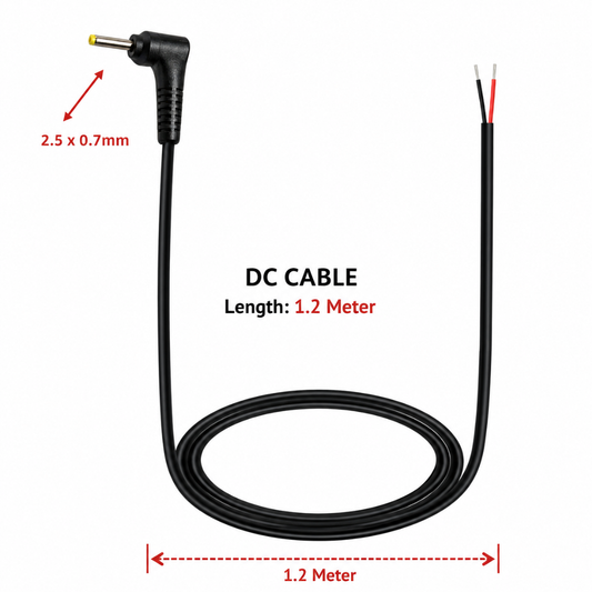 Champion DC 2.5 x 0.7mm Male L-Shape to Pigtail Open Ended Power Cable 1.2m for CCTV, LED & DIY Electronics