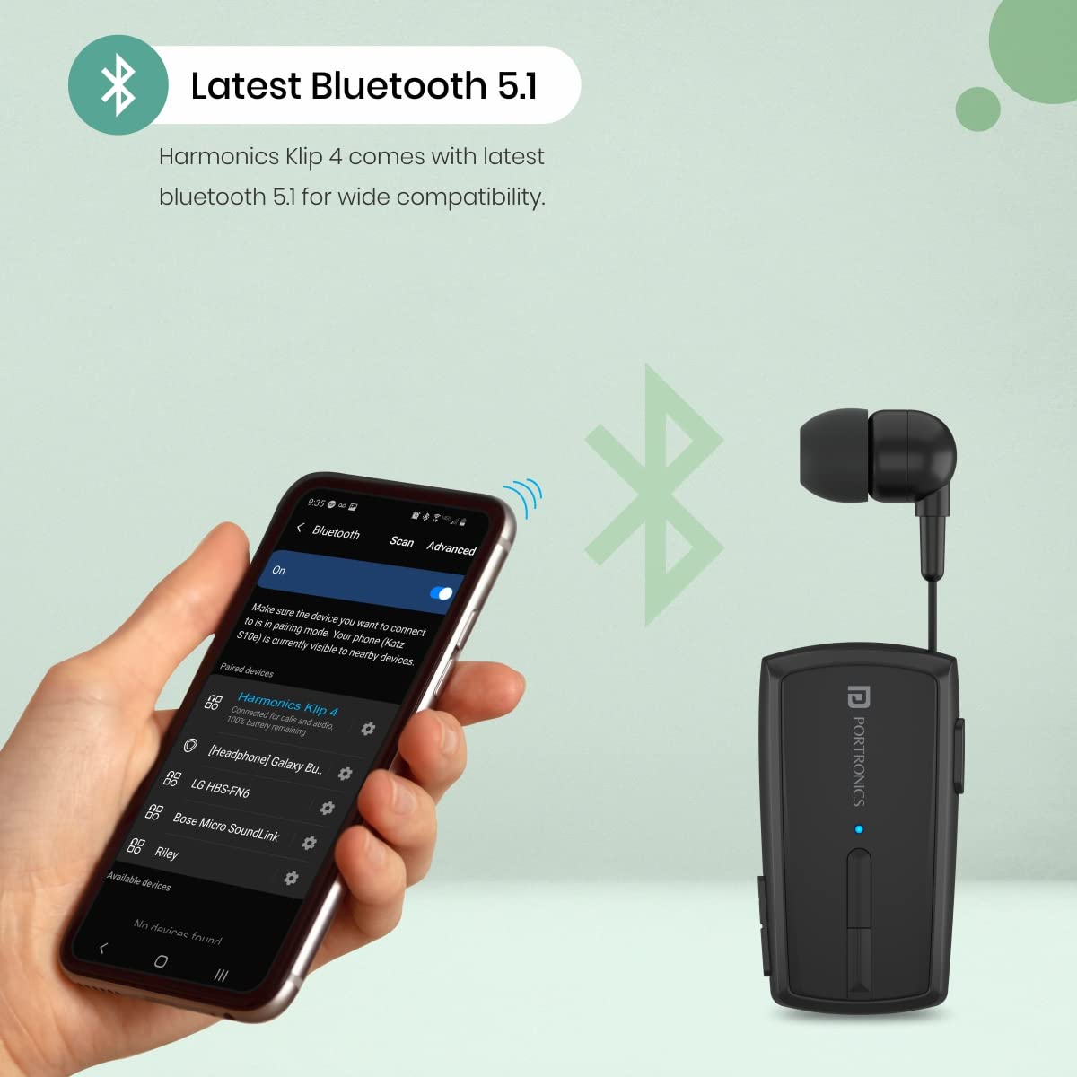 Portronics Harmonics Klip 4 Retractable Bluetooth Music & Calling Earphone with Long Playtime, Vibration Prompt (Black)