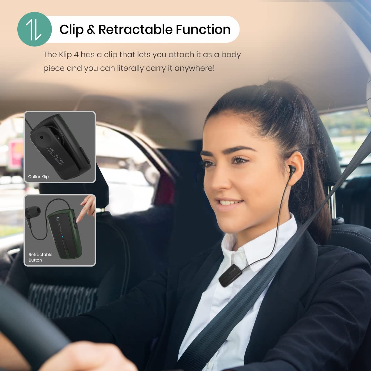 Portronics Harmonics Klip 4 Retractable Bluetooth Music & Calling Earphone with Long Playtime, Vibration Prompt (Black)