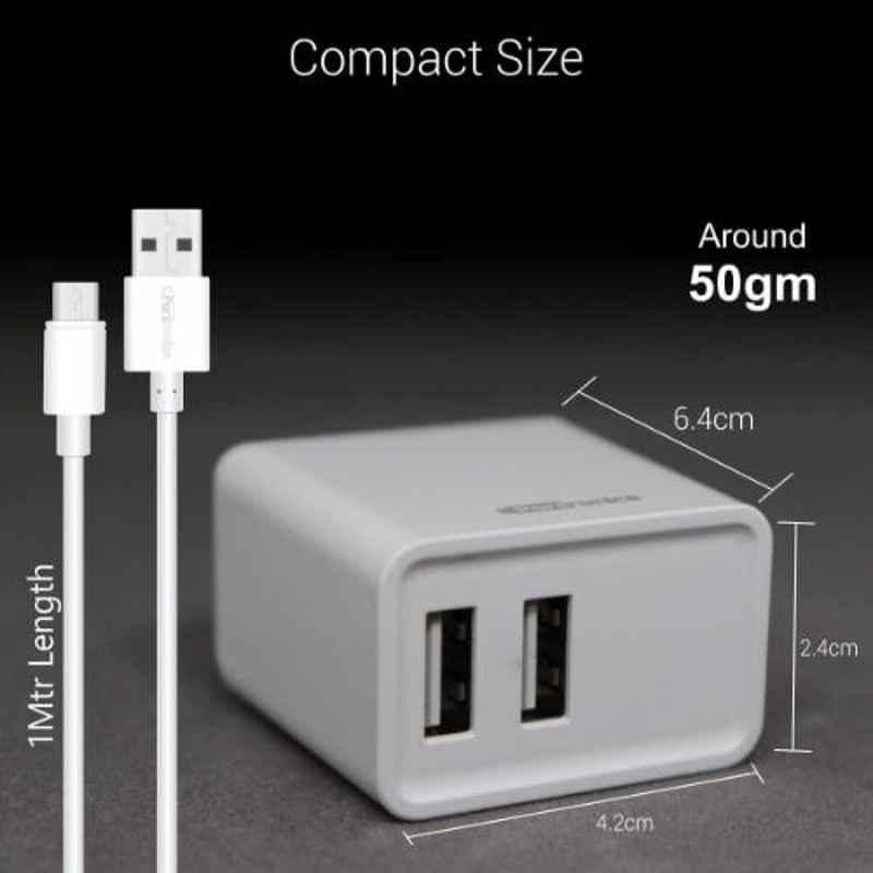 Portronics Adapto 646 POR-646, 3.1A Fast Charging Dual USB Port Wall Adapter with 1M Micro-USB Charging Cable (White)