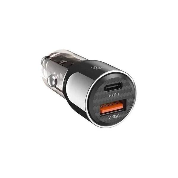 Champion 95W transparent Metallic Car Charger with Dual Port Type C and USB , Fast Charging Compatible with iPhones, Android Smartphones & Tablets (Black)