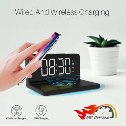 Portronics Freedom 4A Digital Alarm Clock with 15 W Fast Wireless Mobile Charger, Compatible with iPhone and Other Qi-Enabled Devices (Black)