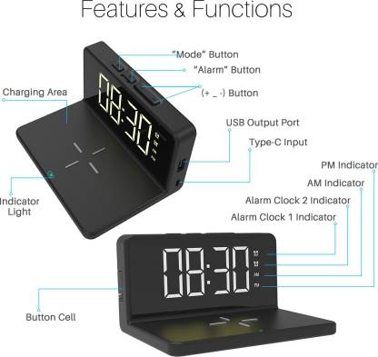 Portronics Freedom 4A Digital Alarm Clock with 15 W Fast Wireless Mobile Charger, Compatible with iPhone and Other Qi-Enabled Devices (Black)