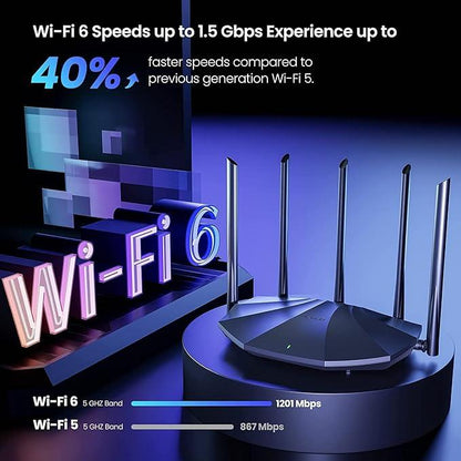 Tenda RX2 Pro WiFi 6 AX1500 1501Mbps WiFi Router, Dual Band Gigabit ,5*6dBi High-Gain Antennas,3 Gigabit LAN Ports (Black)