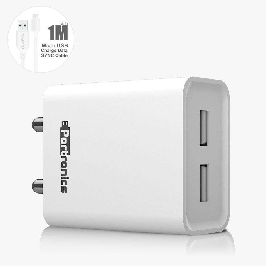 Portronics Adapto 66 POR-1066 2.4A Dual USB Ports Charging Adapter with 1M Micro USB Cable (White)