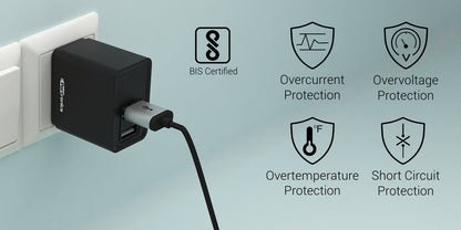 Portronics Adapto 649 POR-649, 2.4A Quick Charging Dual USB Port Wall Adapter with 1M Micro-USB Charging Cable (Black)