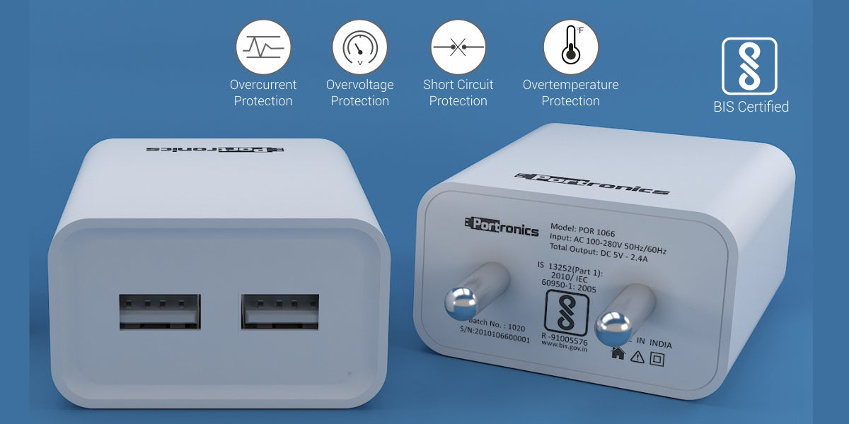 Portronics Adapto 66 POR-1066 2.4A Dual USB Ports Charging Adapter with 1M Micro USB Cable (White)