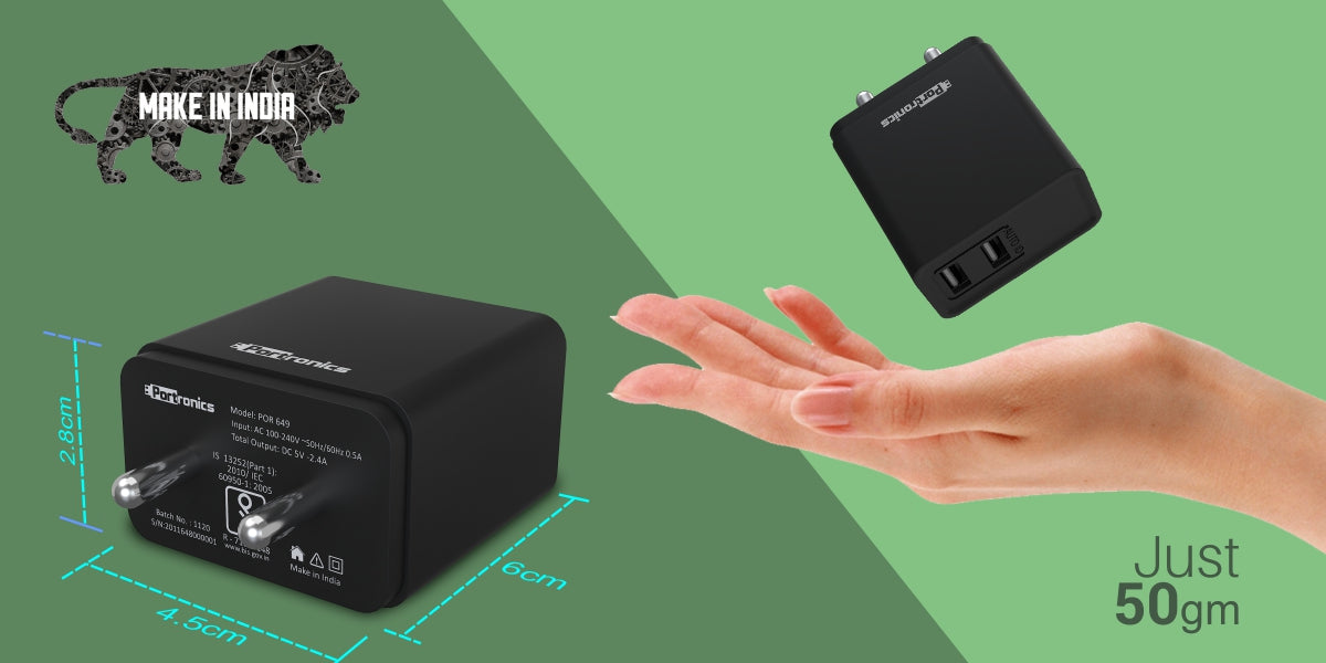 Portronics Adapto 649 POR-649, 2.4A Quick Charging Dual USB Port Wall Adapter with 1M Micro-USB Charging Cable (Black)